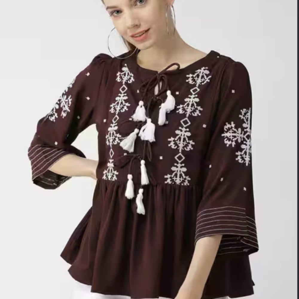 Pluss 1X Brown Embroidered Boho Tunic Bliuse Tassel Tie Peasant Gypsy Festival